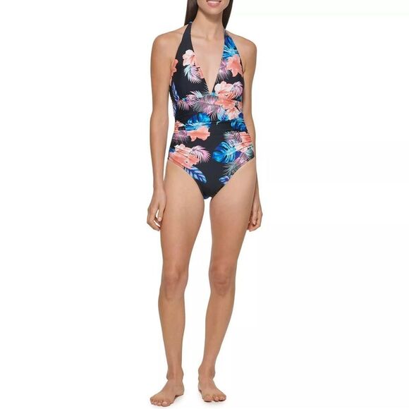 DKNY Halter Tie Floral One Piece Swimsuit XL Black Pink Tropical Print NWOT - Picture 4 of 11